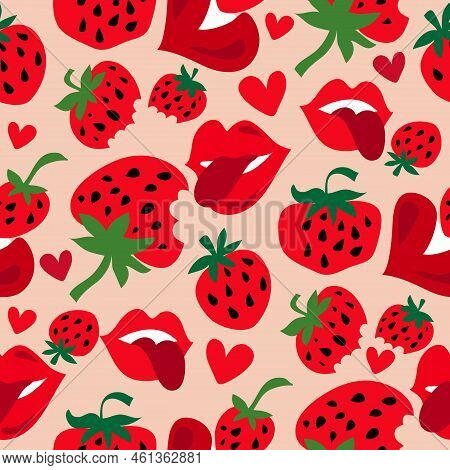 Woman's Mouth With Strawberry Modern  Seamless Pattern With  Pink And Red Lips, Strawberry For Summe