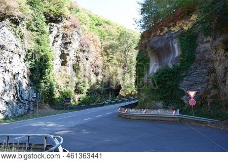 Narrow Country Road Between Cliffs On The Hunsrück Side Of Mosel Valley