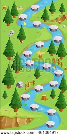 Game Map Forest River Gui Background, Template In Cartoon Style, Casual Isometric View. Decorated Wi