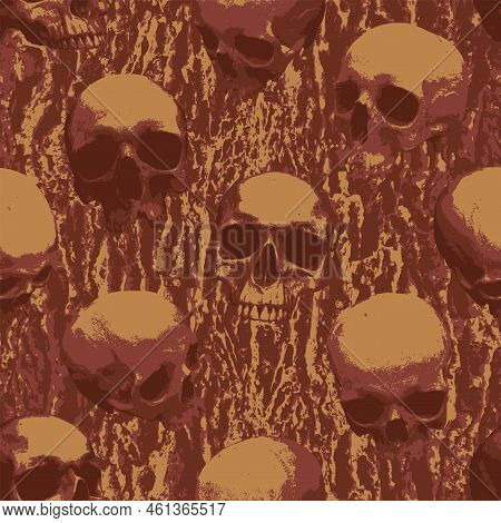 Seamless Pattern With Sinister Human Skulls On Background Of Stone Texture. Vector Background With R