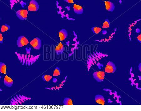 Pixel Scary Face With Glowing Eyes Seamless Pattern. Evil Scary Eyes Carved In A Pumpkin. Retro 8-bi