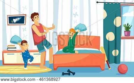 Family Playing With Pillows. Sisters And Brothers Fights With Pillow And Jumping On Bed. Home Kids A