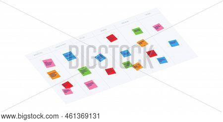 Scrum Board Methodology. Meeting Process, Cards With Tasks On Whiteboard, Teamwork In Office Or Onli