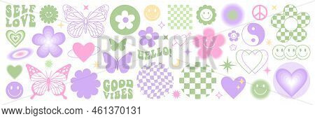 Y2k Stickers Set. Funny Butterfly, Daisy, Wave, Chess, Mesh, Smile In Trendy Retro 2000s Style.
