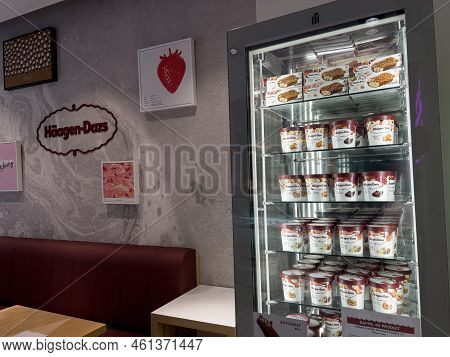 Paris, France - Sep 10, 2022: Fridge Full With Ice-cream Pots - Haagen-dazs Counter-service Chain Of