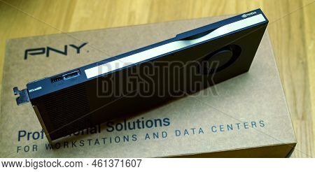 London, United Kingdom - Aug 5, 2022: Detail Of New Pny Professional Video Card Used In Data Centers