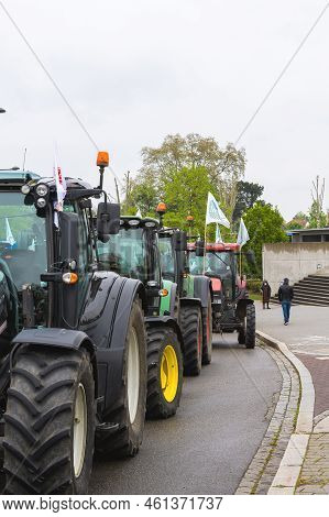 Strasbourg, France - April 30, 2021: Rear View Of Tractors Protest In Strreet Strasbourg With Pedest
