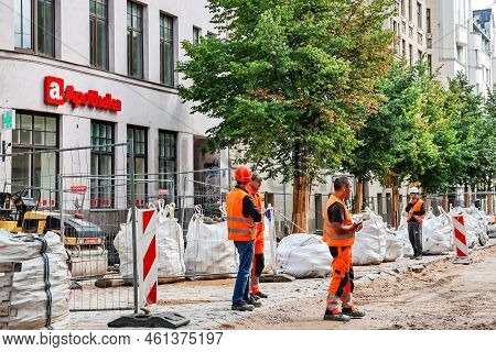Latvia, Riga, August, 2022: Repair Of The Road Of The Gertrudes Street In Riga, Latvia. The Concept 