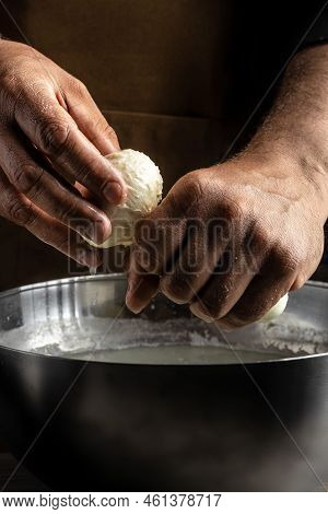 The Processing Traditional Italian Mozzarella, Cheesemaker, Showing Freshly Made Mozzarella,