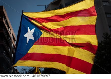 Barcelona, Catalonia, Spain - September 11, 2022: Estelada Flags In The Manifestation Of The Nationa