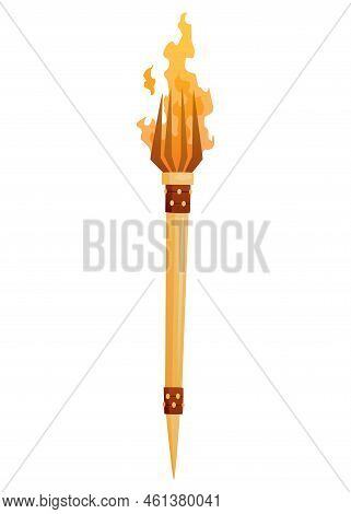 Medieval Torch With Burning Fire. Ancient Realistic Wooden Torch With Flame. Cartoon Game Element Ve