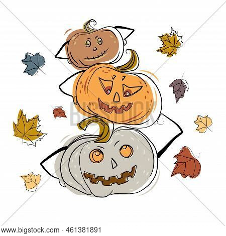 Halloween Colored Pumpkins Drawing In Cartoon Minimal Style,line Drawing.vector Illustration.three L