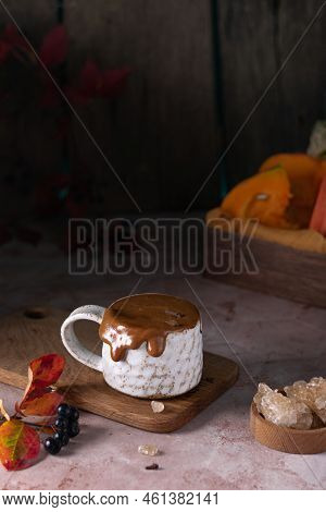 Beautiful Cup Of Coffee On Wooden Table With Chocolate Cookies. Pastel Tone. Vertical