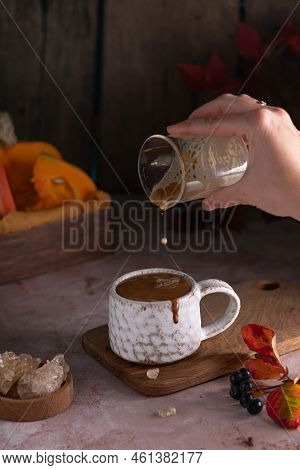 Beautiful Cup Of Coffee On Wooden Table With Chocolate Cookies. Pastel Tone. Vertical