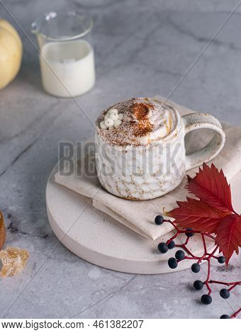 Pumpkin Latte With Spices. Boozy Cocktail With Whipped Cream. Light Background. Vertical
