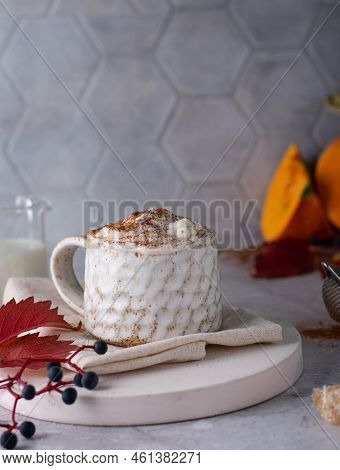 Beautiful Cup Of Coffee On Wooden Table With Chocolate Cookies. Pastel Tone. Vertical