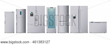 Modern Steel Fridges. Household Kitchen Silver Fridge And Home Freezer, Restaurant Realistic Refrige