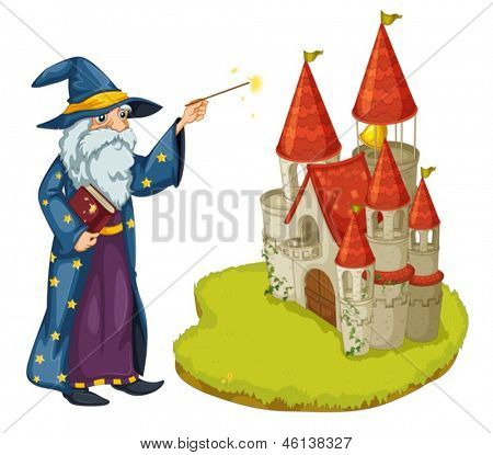 Ilustração de um assistente, segurando um livro e uma varinha mágica na frente do castelo em um background branco