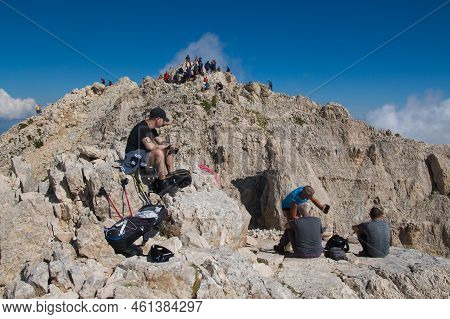 Gran Sasso, Italy - August 6, 2022: View Of Corno Grande In The Gran Sasso Massif. The Mountain Summ