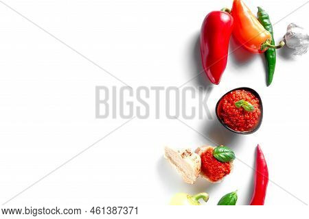 Ingredients For Cooking Ajvar Sauce. Place For The Text. Ajvar Is A Locally Known Red Pepper And Egg