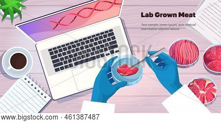 Scientist Holding Cultured Red Raw Meat Made From Animal Cells Artificial Lab Grown Meat Production 