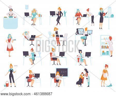 Work And Career With Woman Having Different Profession Performing Her Duty Big Vector Set