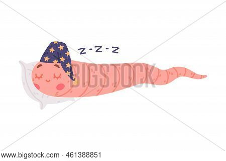 Funny Pink Worm Character With Long Tube Body In Night Cap Sleeping On Pillow Vector Illustration
