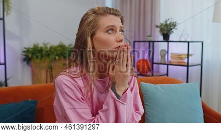 Please, God Help. Girl Praying Sincerely With Folded Arms, Looking Upward And Making Wish, Asking Wi