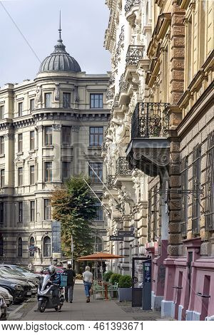 Latvia, Riga, August, 2022 - Beautiful Houses Of Riga Art Nouveau Or Jugendstil Stile With Turrets A