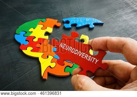 Neurodiversity Concept. Brain From A Puzzle And A Hand Holds A Piece With An Inscription.