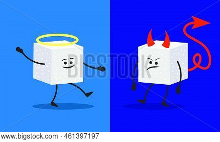 Bad And Good Sugar And Comparison Of The Usefulness Of Cartoon Sugar In Food. Good Helpful Angel Cha