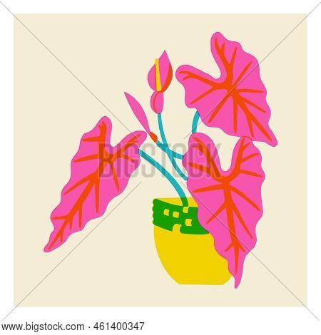 Wide Leaves In Pot In The Style Of Risograph. Tropical Houseplant With Leaves. Contrast Vector Illus