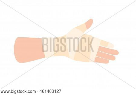 Elastic Bandage On Human Arm And Finger Fracture. Medical Gauze Wrapping Over An Wrist. Broken Or In