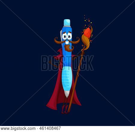 Cartoon School Pen Wizard, Sorcerer Or Mage Character. Cheerful Vector School Or Office Stationery T