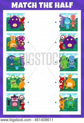 Match The Half Of Cartoon Monster Characters. Objects Parts Matching Puzzle, Kids Quiz Vector Worksh