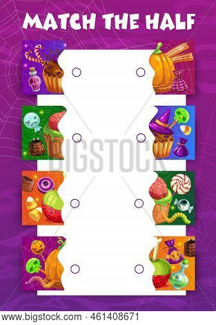 Match The Half Of Halloween Sweets And Candy. Piece Connect Riddle Or Child Puzzle Vector Worksheet 