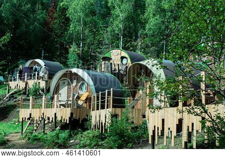 Russia, Vydrino Village, September 12, 2022, Bilbo Tourist Village Small Guest Houses.