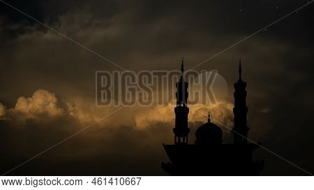 Silhouette Mosques Dome Crescent Moon On Dark Black Twillight Evening Background,symbols New Year Mu