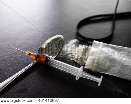 Heroin In Syringe,narcotics, Dangerous Drug Destroy Lungs, Suffer From Severe Dysentery. Substance A