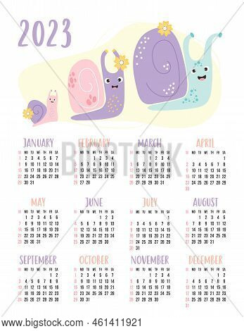 Calendar For 2023 With Happy Family Of Cute Snails. Vector Illustration. Vertical Template For 12 Mo