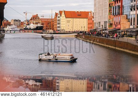 Gdansk Poland May 2022 Touristic Ship Sailing Old Town In Gdansk. Ship With Tourists Is Leaving For 