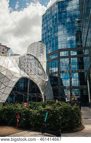 Warsaw, Poland - June 22, 2022: Landmark Architecture. Downtown City. Futuristic Style. Cosmic Cafe 