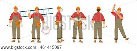 Electrician Worker, Repair Service Technician, Engineer With Tools, Ladder And Wires Doing Maintenan
