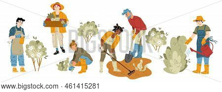 Gardening Hobby, Farm Works Set. Characters Working In Garden. Men And Women Harvesting, Planting An