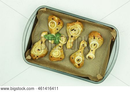 Fresh Chicken Legs In Spices, On A Baking Sheet. Copy Space. Baked Chicken In The Oven. Turkey Legs 
