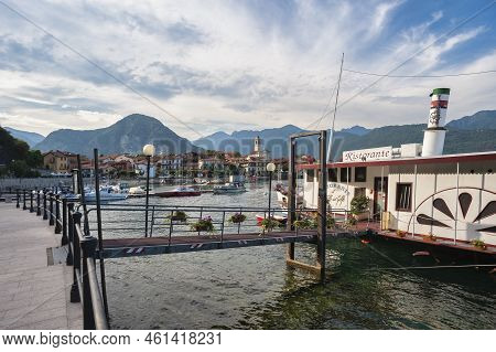 Feriolo, Italy - August 17, 2018: Townscape Of Feriolo With Ship Restaurant On The Lake Promenade. F