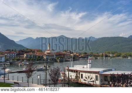 Feriolo, Italy - August 17, 2018: Townscape Of Feriolo With Ship Restaurant On The Lake Promenade. F