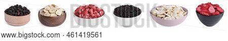 Set With Different Freeze Dried Berries And Bananas On White Background. Banner Design
