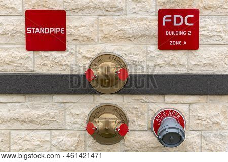 Manual Standpipes, Automatic Sprinkler Fire Department Connection, Red Signs With Inscriptions On Th