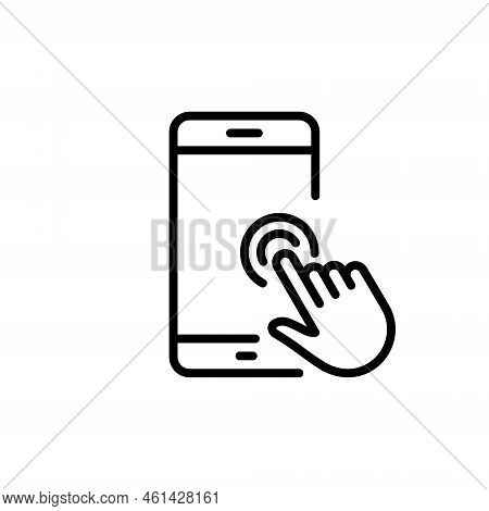 Action On Mobile Phone Display Outline Icon. Hand Swipe On Smartphone Linear Pictogram. Finger Move 